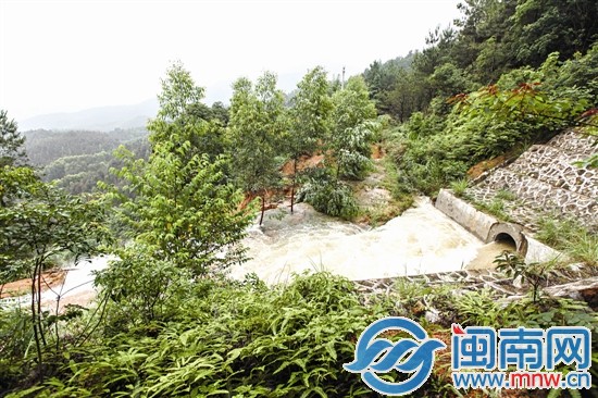 護坡塌方后，水流急速地從涵道口涌出